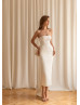 Strapless Ivory Satin Midi Length Chic Wedding Dress